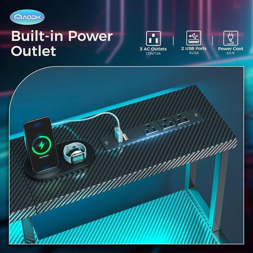 48 Inch LED Gaming Desk With Power Outlet And Shelves