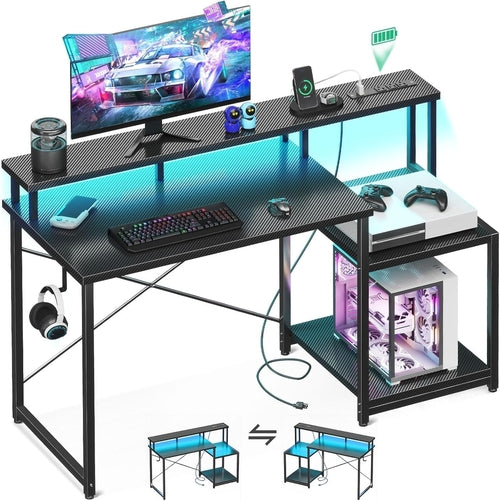 48 Inch LED Gaming Desk With Power Outlet And Shelves